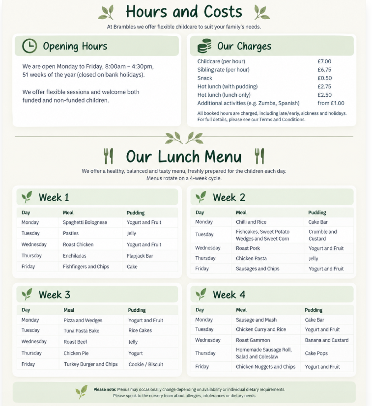 Brambles Nursery four-week lunch menu